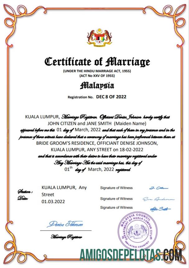 Em branco modelo Word e PDF de certidão de casamento na Malásia